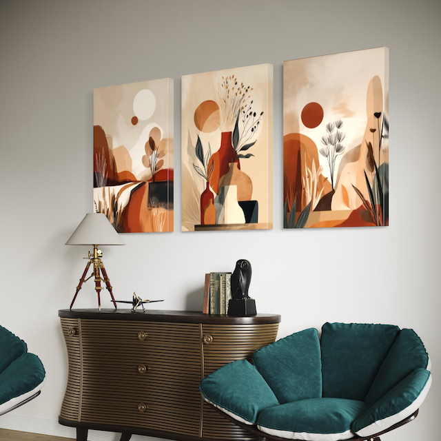 Triptyque Abstrait Terre & Soleil – Tons chauds pour une ambiance naturelle