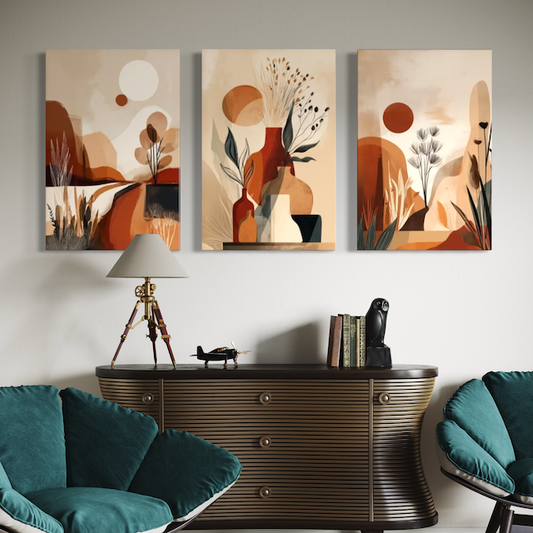 Triptyque Abstrait Terre & Soleil – Tons chauds pour une ambiance naturelle
