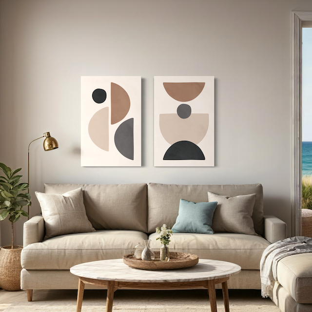 Duo Abstrait Minimaliste – Formes Équilibrées en Tons Neutres