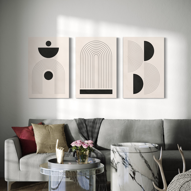 Triptyque Abstrait Noir & Lin – Lignes Modernes pour une Déco Épurée