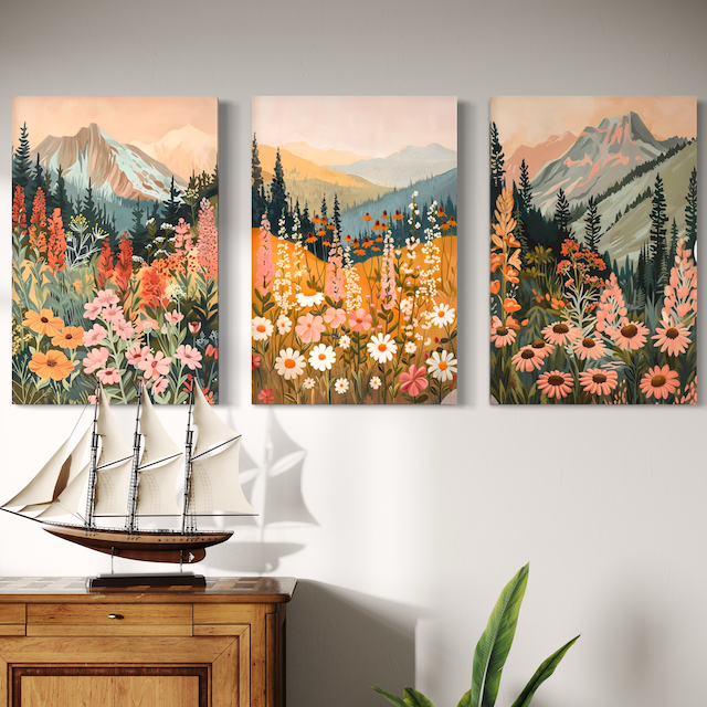 Triptyque Paysage Floral – Montagnes & Fleurs pour une ambiance chaleureuse
