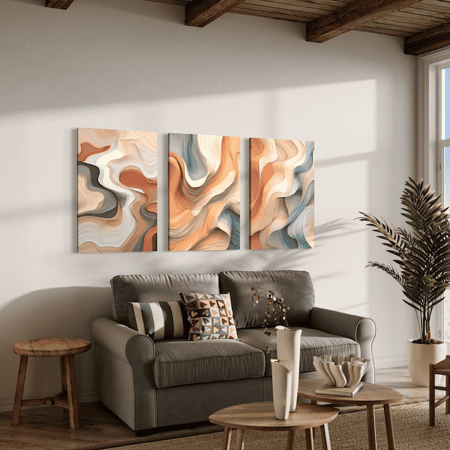 Triptyque Abstrait Désert & Brume – Tons chauds pour une ambiance harmonieuse