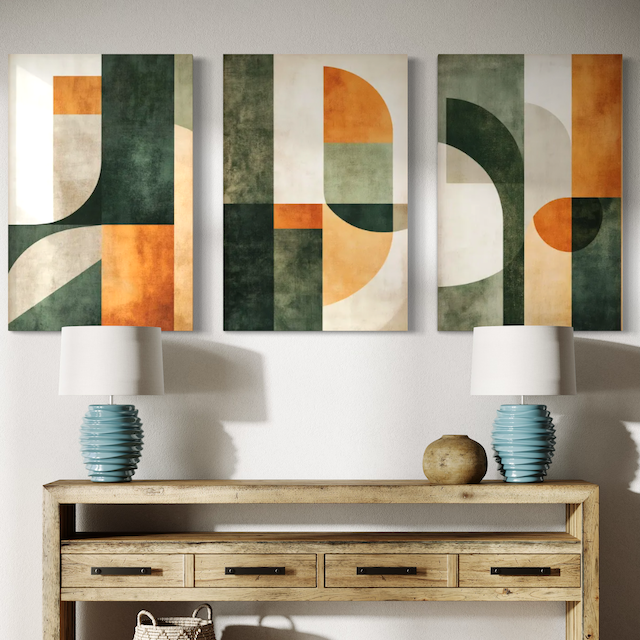 Triptyque Abstrait Géométrique – Formes modernes aux tons vert & ocre