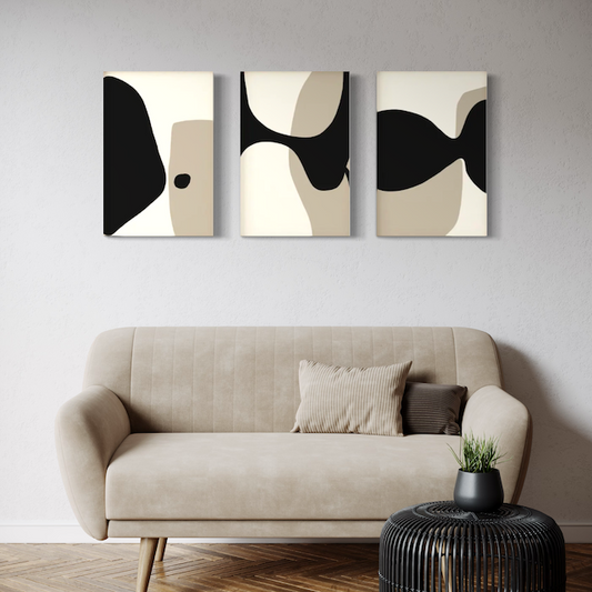 Triptyque Abstrait Minimaliste – Formes organiques en noir & beige