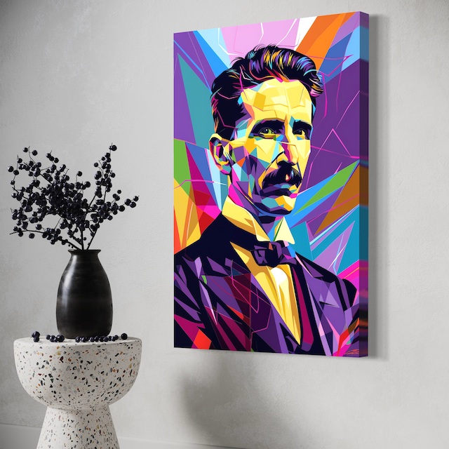 Portrait Pop Art Tesla – Gentleman Élégant Multicolore