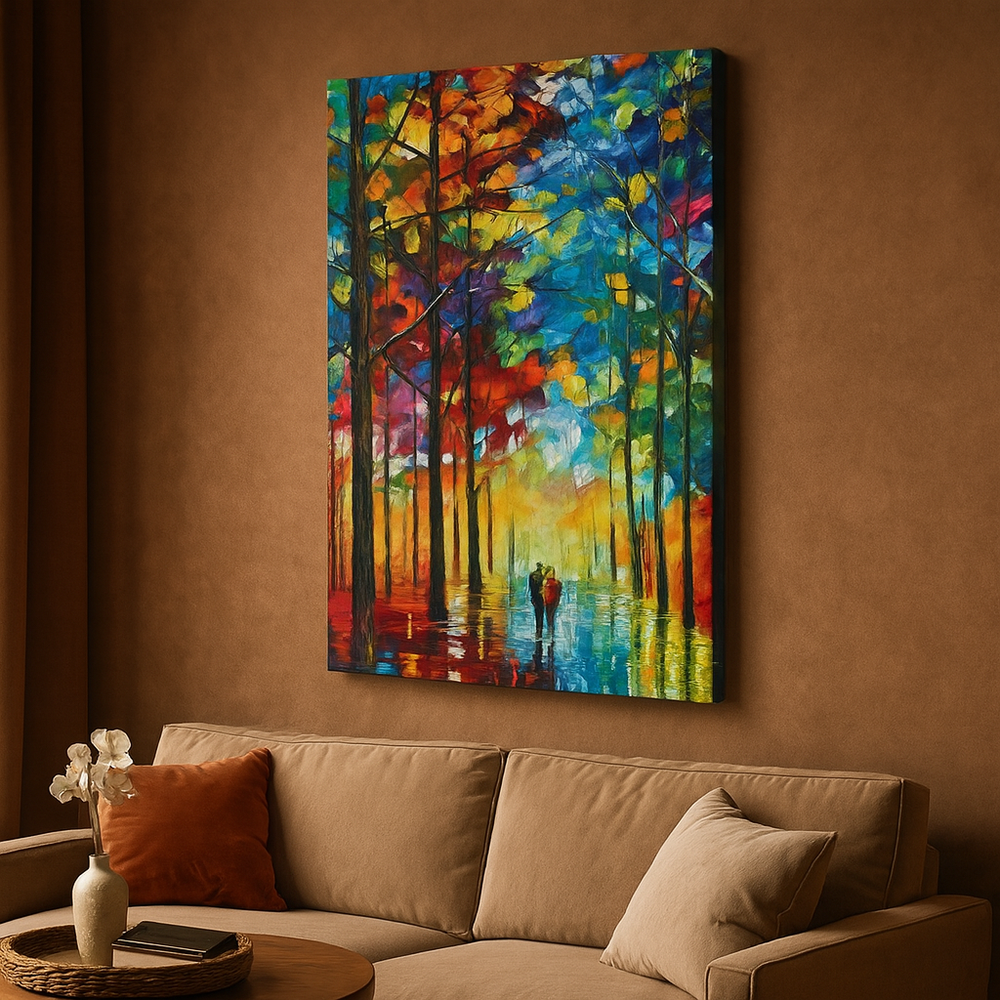 Tableau Forêt Colorée – Promenade Romantique Sous les Arbres Lumineux