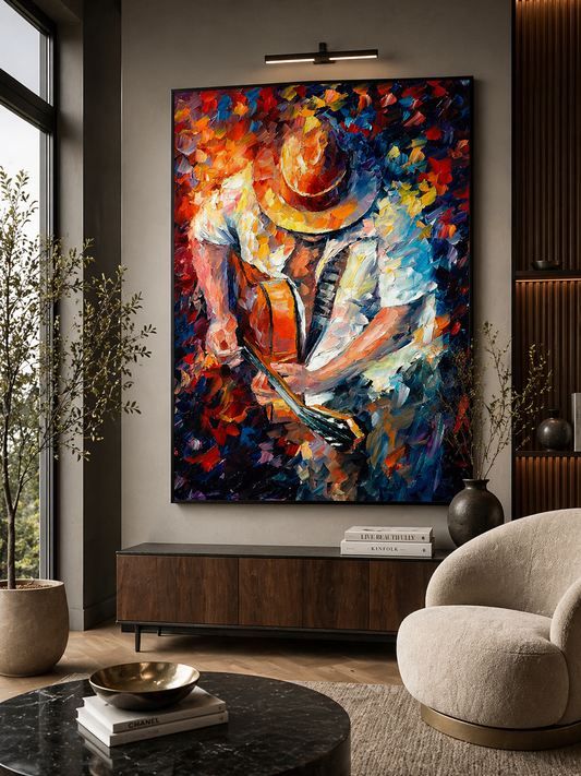 Tableau Guitariste Abstrait – Explosion de Couleurs et Émotion Artistique