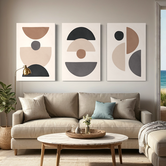 Triptyque Abstrait Contemporain – Harmonies Géométriques en Tons Naturels
