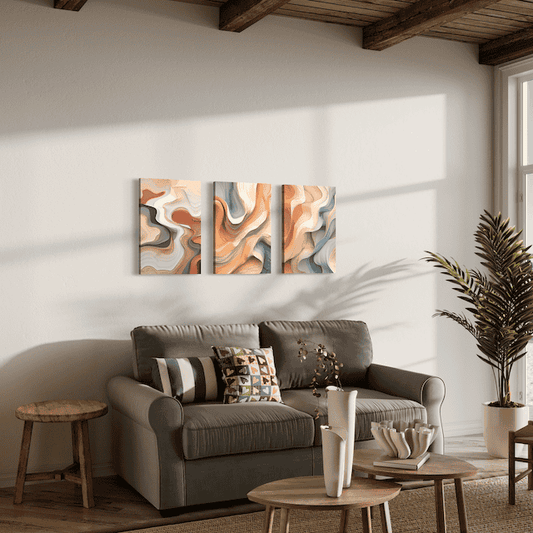Triptyque Abstrait Désert & Brume – Tons chauds pour une ambiance harmonieuse