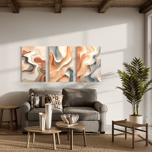 Triptyque Abstrait Désert & Brume – Tons chauds pour une ambiance harmonieuse