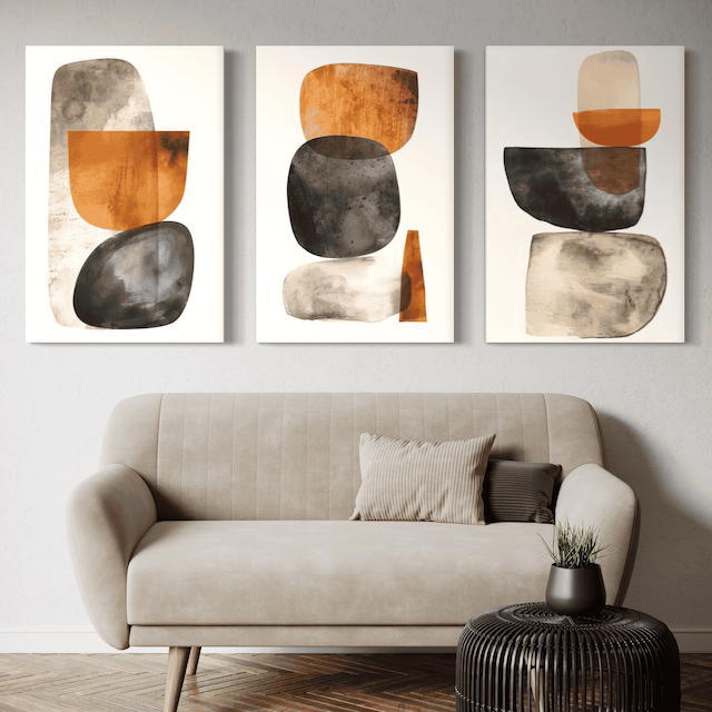 Triptyque Abstrait Terre d’Ocre – Formes modernes pour une déco épurée