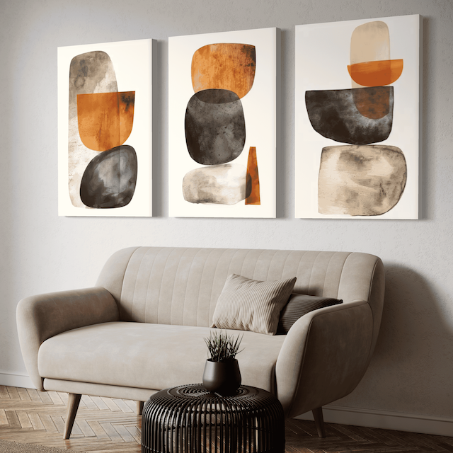 Triptyque Abstrait Terre d’Ocre – Formes modernes pour une déco épurée