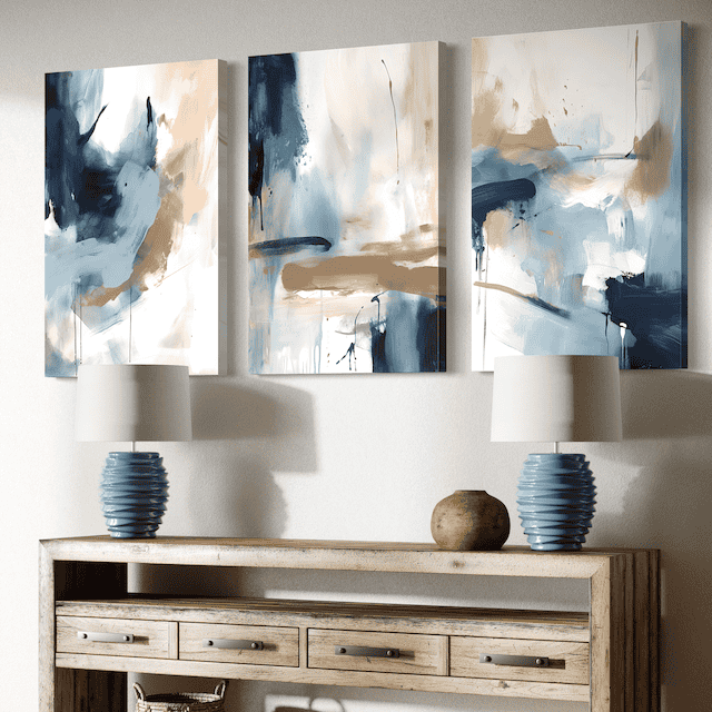 Triptyque Abstrait Bleu Brume – Touches modernes pour une ambiance apaisante