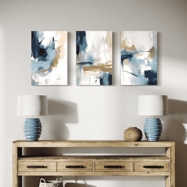 Triptyque Abstrait Bleu Brume – Touches modernes pour une ambiance apaisante