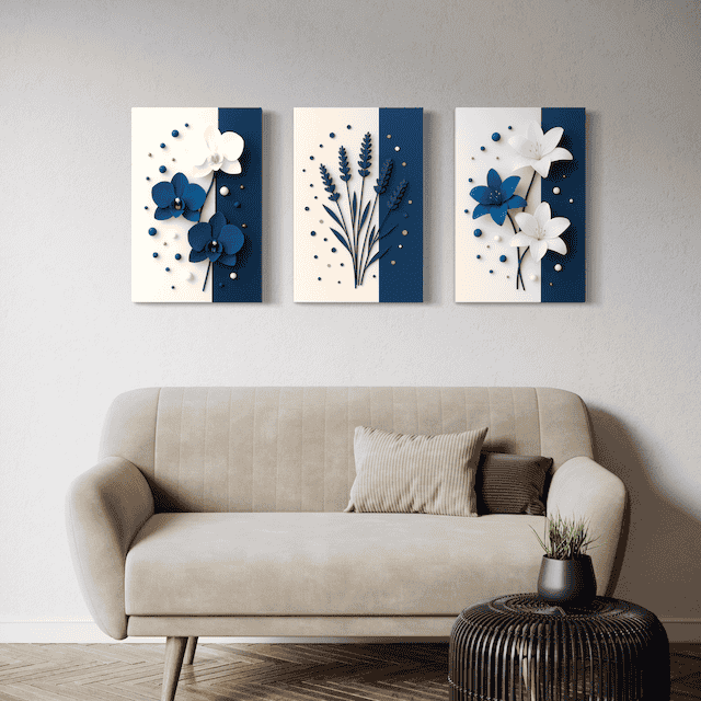 Triptyque Floral Bleu Élégance – Fleurs en relief pour une déco raffinée
