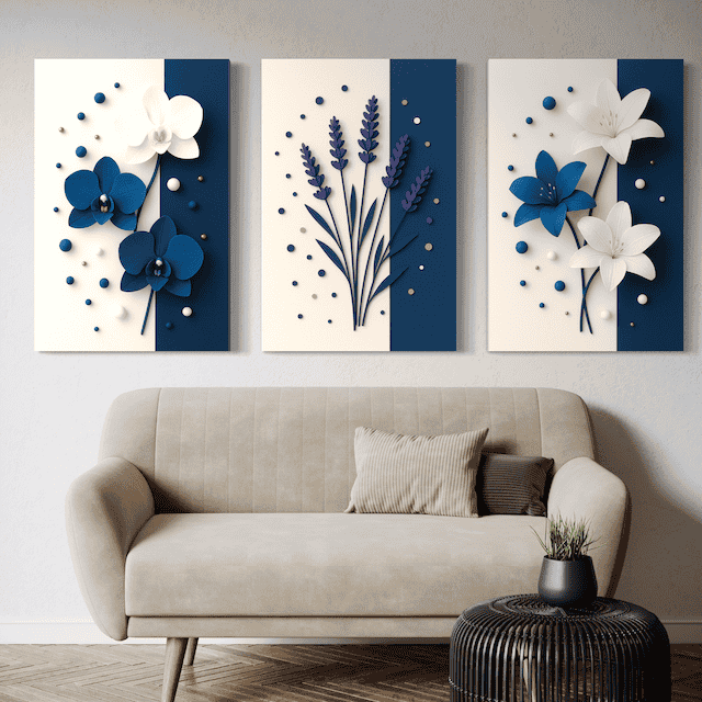 Triptyque Floral Bleu Élégance – Fleurs en relief pour une déco raffinée