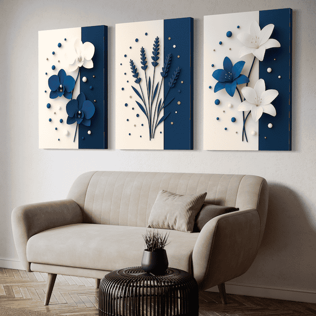 Triptyque Floral Bleu Élégance – Fleurs en relief pour une déco raffinée
