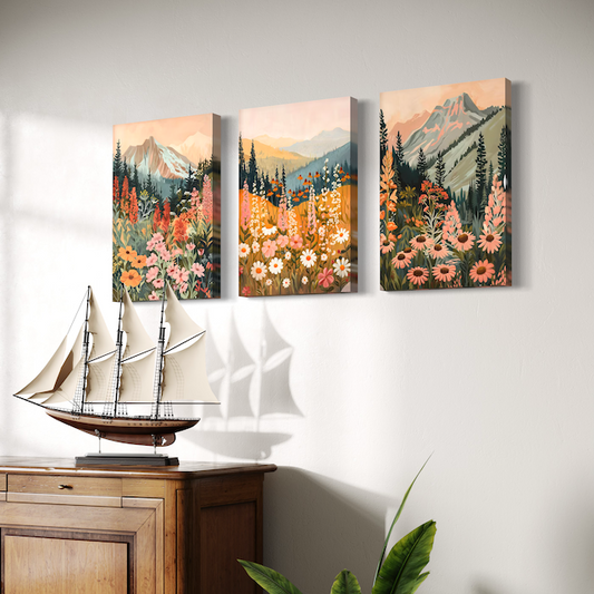 Triptyque Paysage Floral – Montagnes & Fleurs pour une ambiance chaleureuse