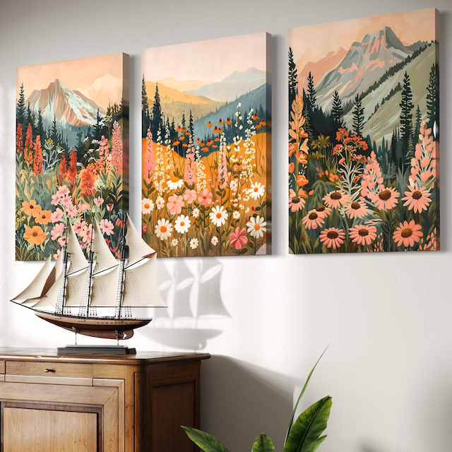 Triptyque Paysage Floral – Montagnes & Fleurs pour une ambiance chaleureuse