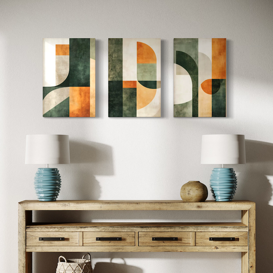 Triptyque Abstrait Géométrique – Formes modernes aux tons vert & ocre