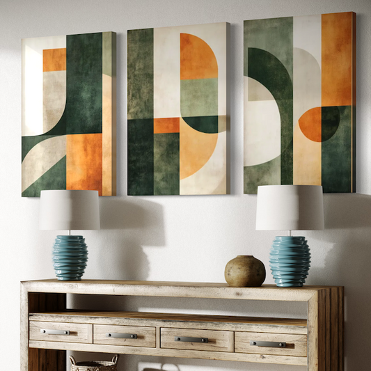 Triptyque Abstrait Géométrique – Formes modernes aux tons vert & ocre