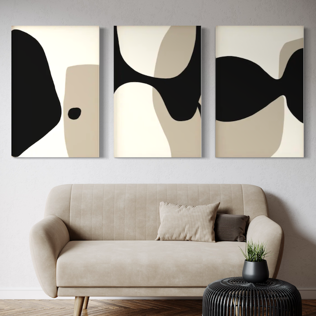 Triptyque Abstrait Minimaliste – Formes organiques en noir & beige