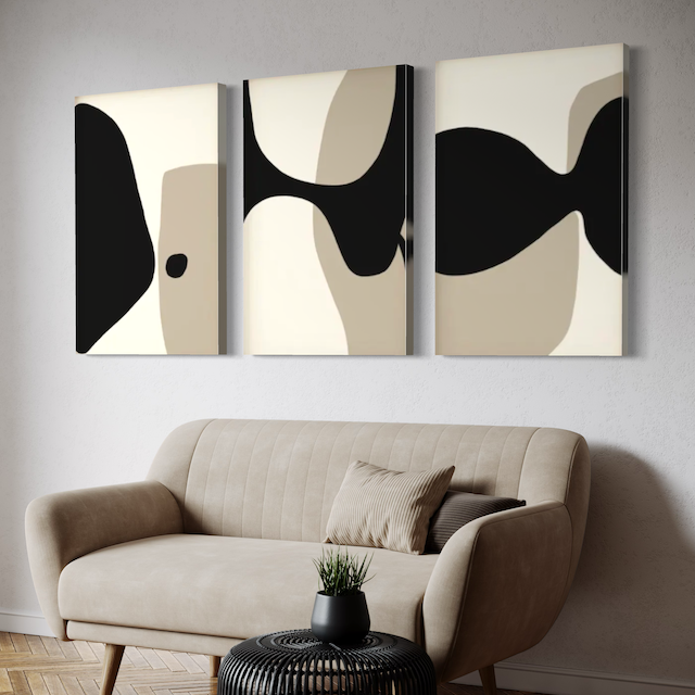 Triptyque Abstrait Minimaliste – Formes organiques en noir & beige