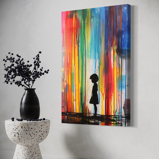 Pluie Arc-en-Ciel – Silhouette rêveuse dans un monde coloré