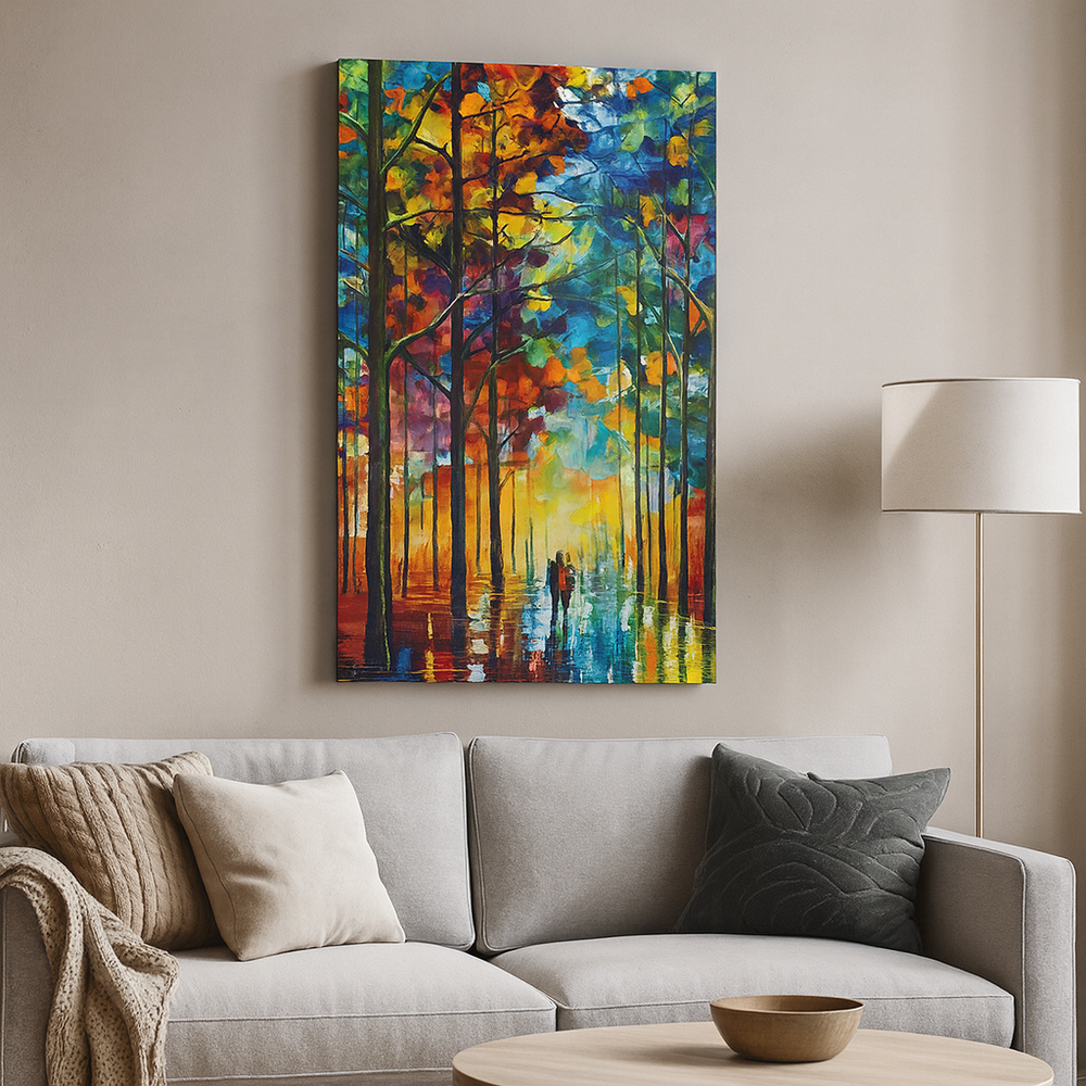 Tableau Forêt Colorée – Promenade Romantique Sous les Arbres Lumineux