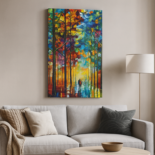Tableau Forêt Colorée – Promenade Romantique Sous les Arbres Lumineux