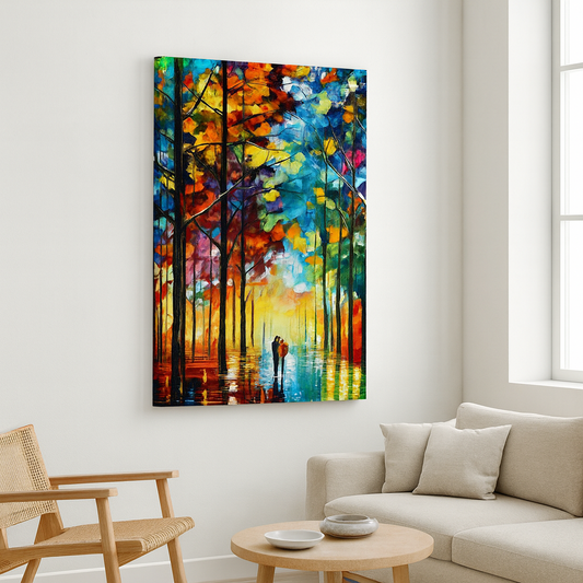 Tableau Forêt Colorée – Promenade Romantique Sous les Arbres Lumineux